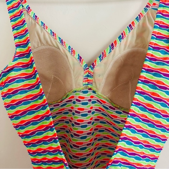 Vintage 90s One Piece Swimsuit Fluorescent Neon Size L/XL Stripes Textured - Picture 7 of 12